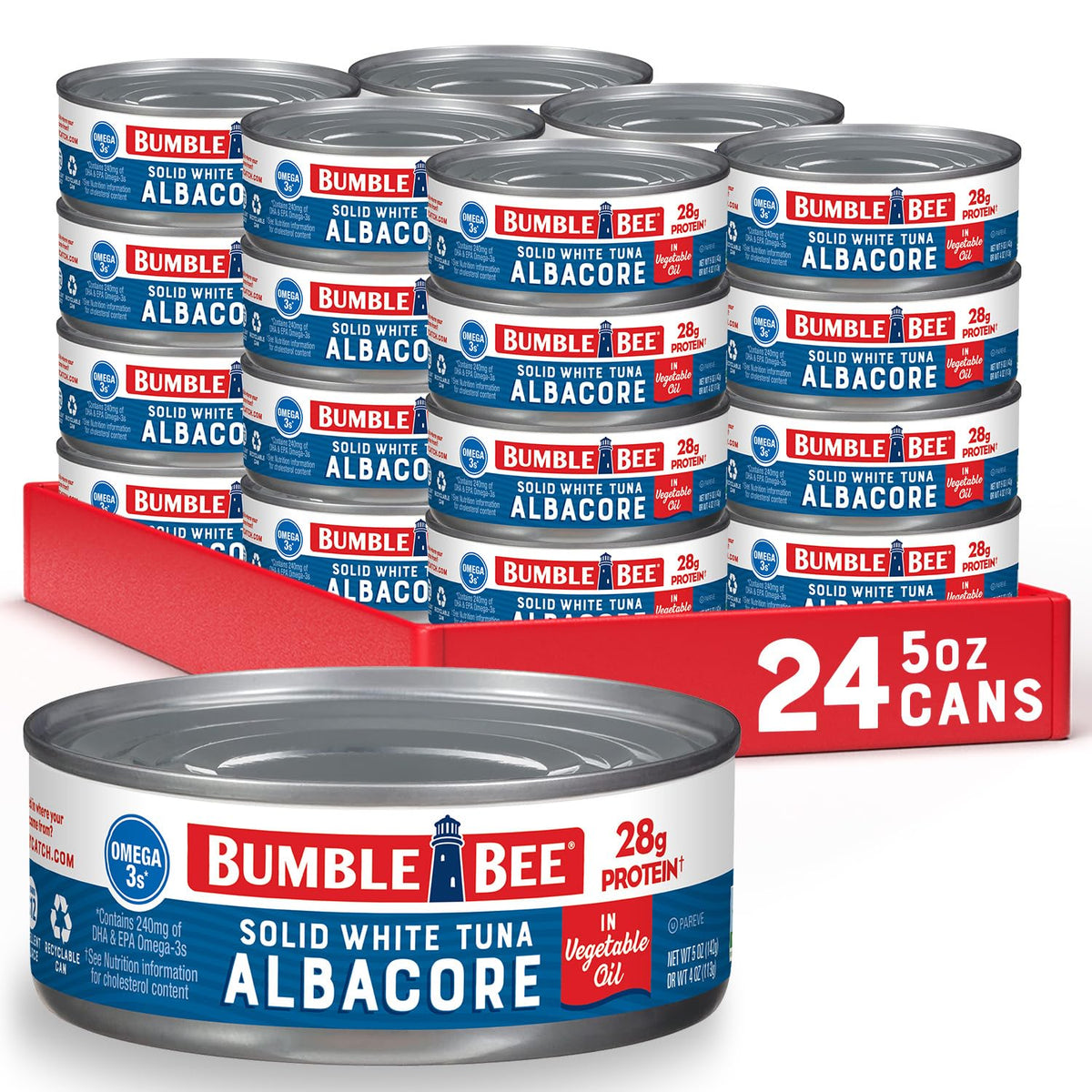 Bumble Bee Solid White Albacore Tuna in Oil – 5 oz Can (Pack of 24) | Wild-Caught, 28g Protein, Omega-3s, Non-GMO, Gluten Free