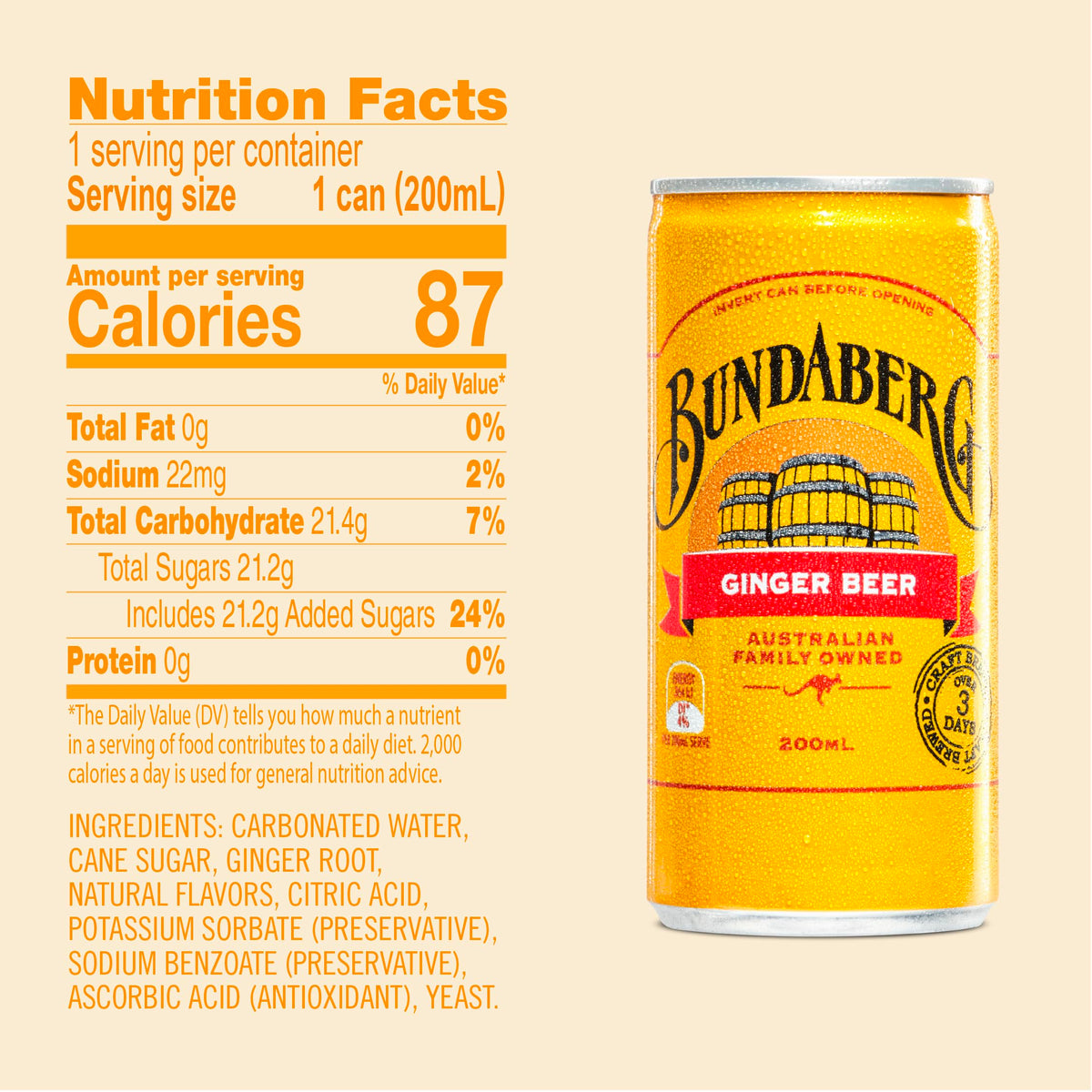 Bundaberg Ginger Beer 24-Pack | 6.8oz Cans | Naturally Brewed