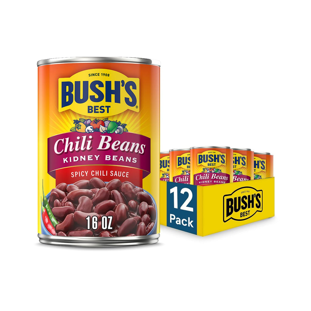 Bush's Best 16 oz Spicy Dark Red Chili Beans – Plant-Based Protein & Fiber (Pack of 12)