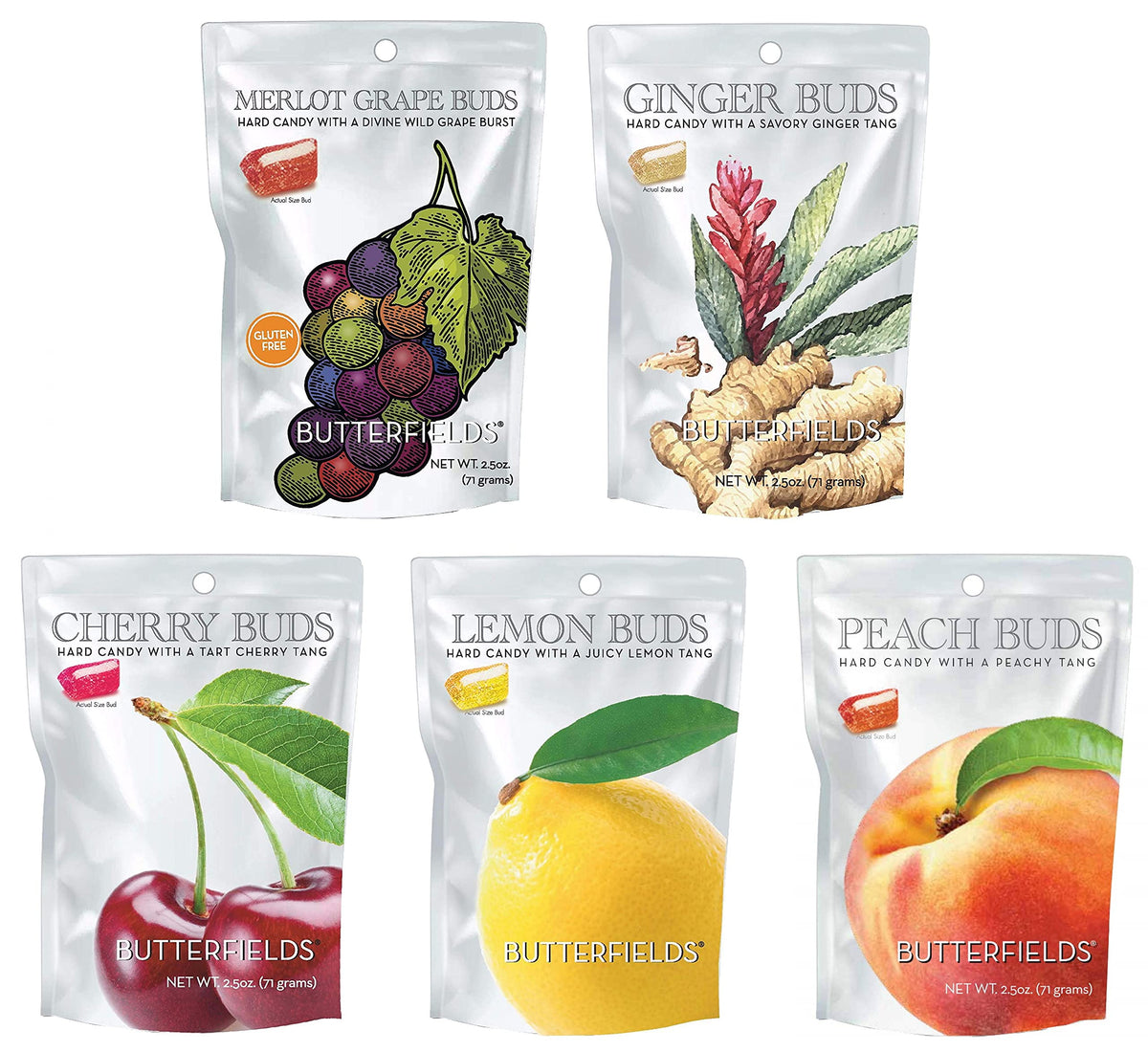 Butterfields Candy – Gourmet Old-Fashioned Hard Candy Variety Pack (Peach, Cherry, Lemon, Ginger, Merlot Grape) – 2.5 oz x5 | Gluten Free