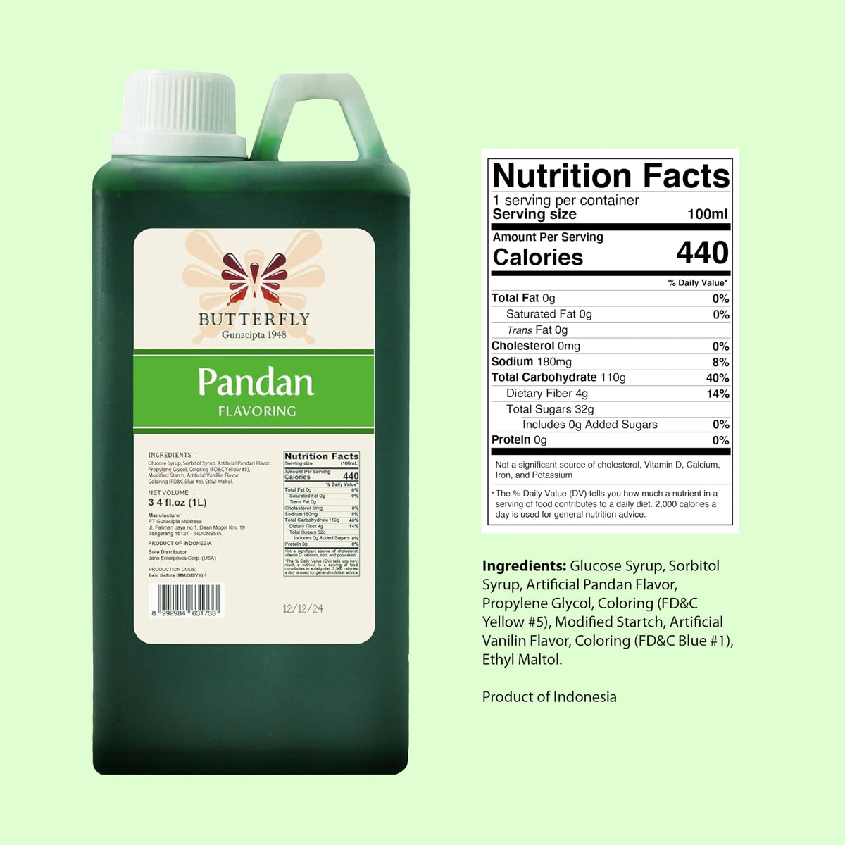 Butterfly Pandan Flavoring Extract – 1 Liter Paste-Strength Pandan for Baking, Drinks & Desserts | Butterfly Gunacipta 1948