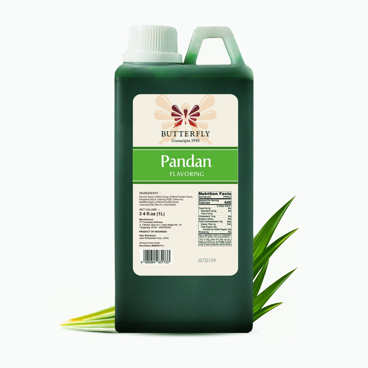 Butterfly Pandan Flavoring Extract – 1 Liter Paste-Strength Pandan for Baking, Drinks & Desserts | Butterfly Gunacipta 1948