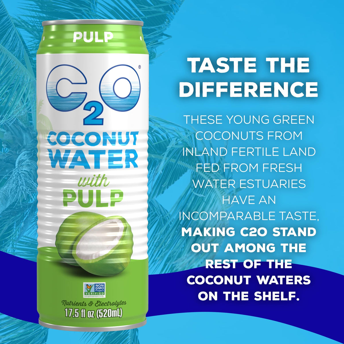 C2O Coconut Water with Pulp (12 Pack) – Fresh Coconut Water, Electrolytes & Potassium | Plant Based, Non-GMO