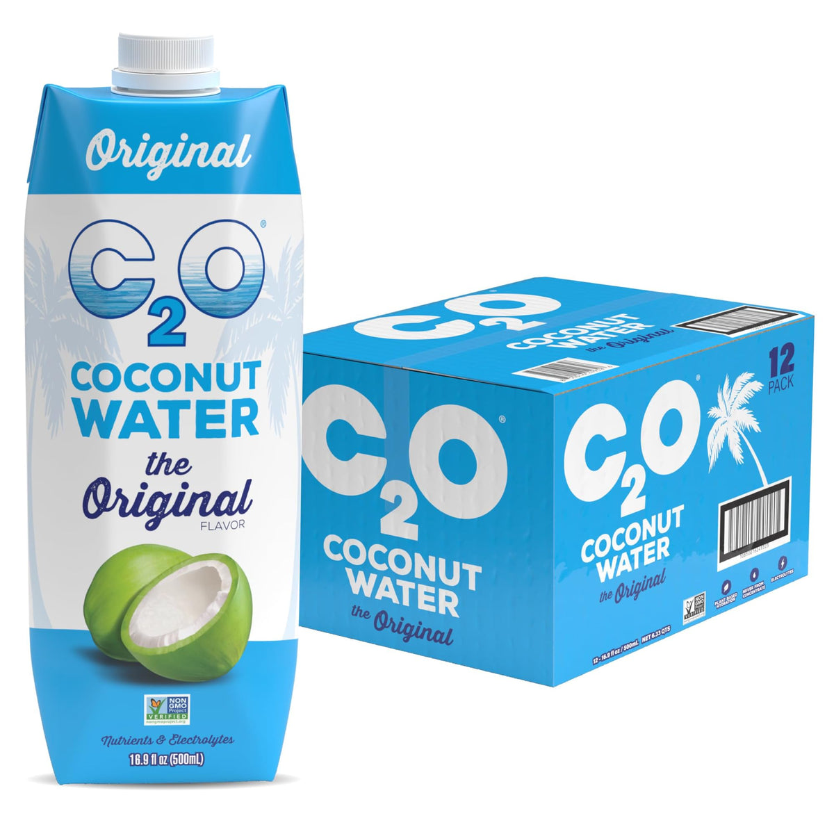 C2O Original Coconut Water - 12 Pack | Fresh, Plant-Based Hydration with Electrolytes