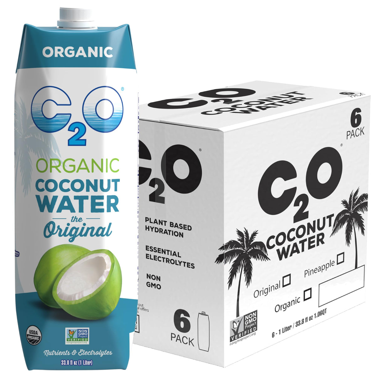C2O Organic Coconut Water - Original Flavor (6 Pack) | Fresh, Non-GMO, Plant-Based Hydration, 33.8 fl oz