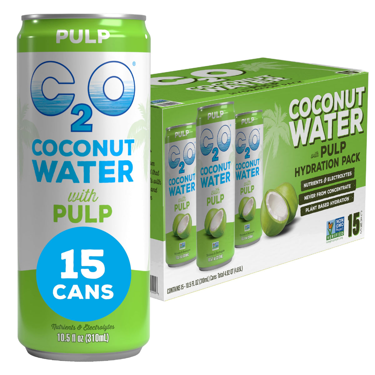 C2O Coconut Water with Pulp – Original Flavor, 15 Can Pack | Fresh Coconut Water, Natural Hydration