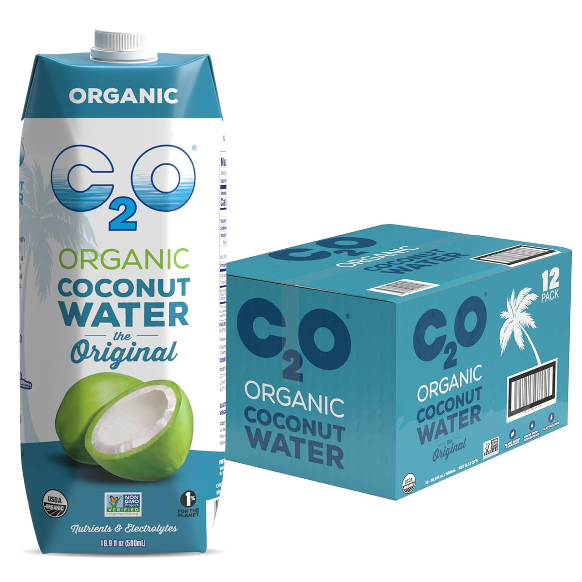 C2O Organic Coconut Water Original Flavor (12 Pack) | Fresh, Non-GMO Hydration