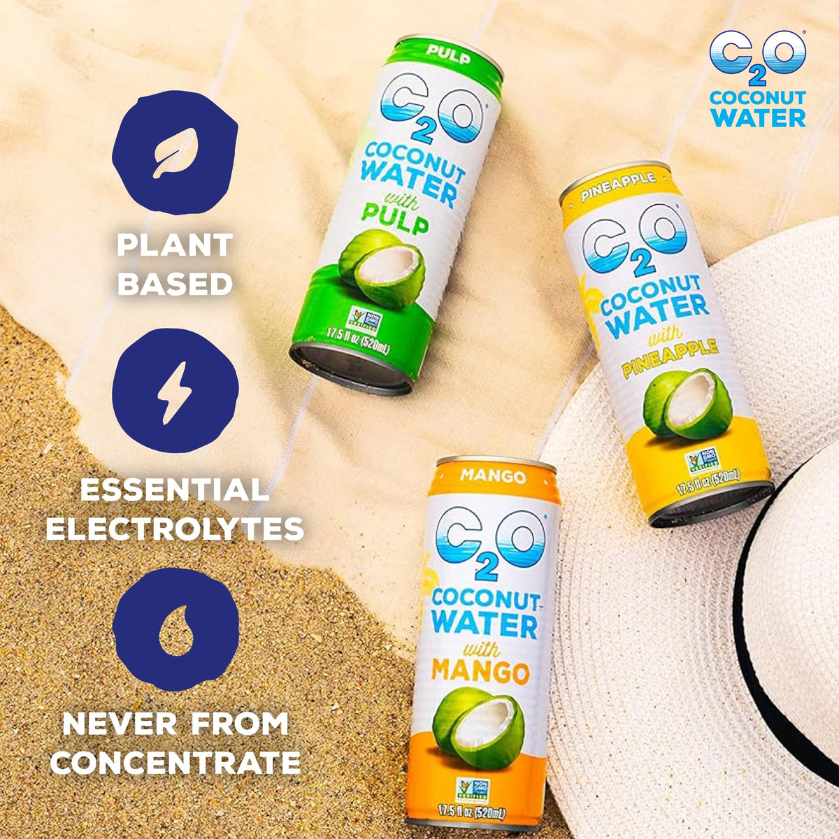 C2O Coconut Water with Pineapple – 12 Pack (17.5 oz Cans) | Fresh Coconut Water, Plant-Based Hydration