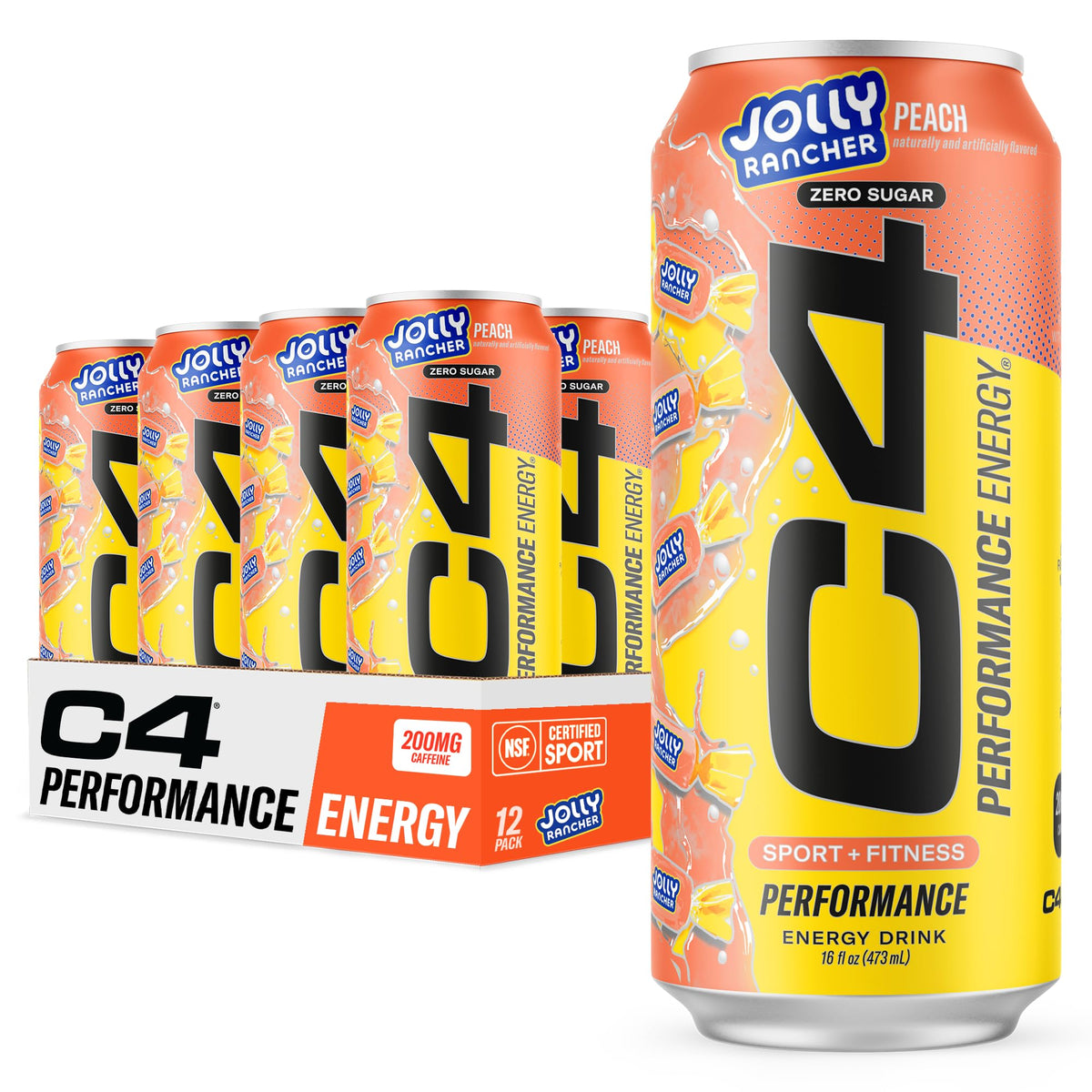 C4 Performance Energy Drink X Jolly Rancher Peach — Zero Sugar, 200 mg Caffeine, 16 fl oz (12 Pack)