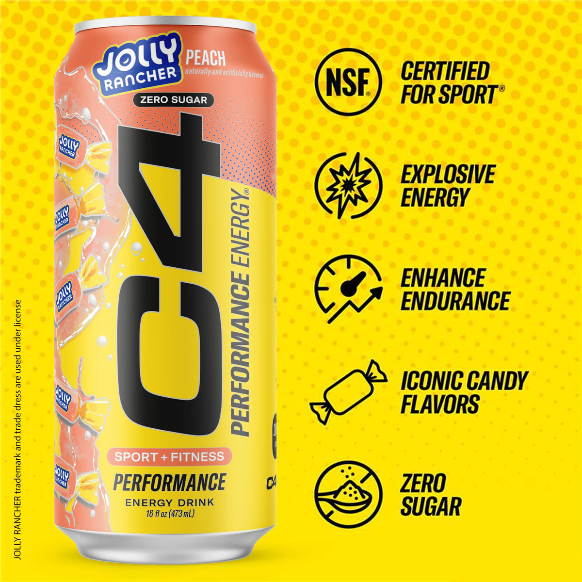 C4 Performance Energy Drink X Jolly Rancher Peach — Zero Sugar, 200 mg Caffeine, 16 fl oz (12 Pack)