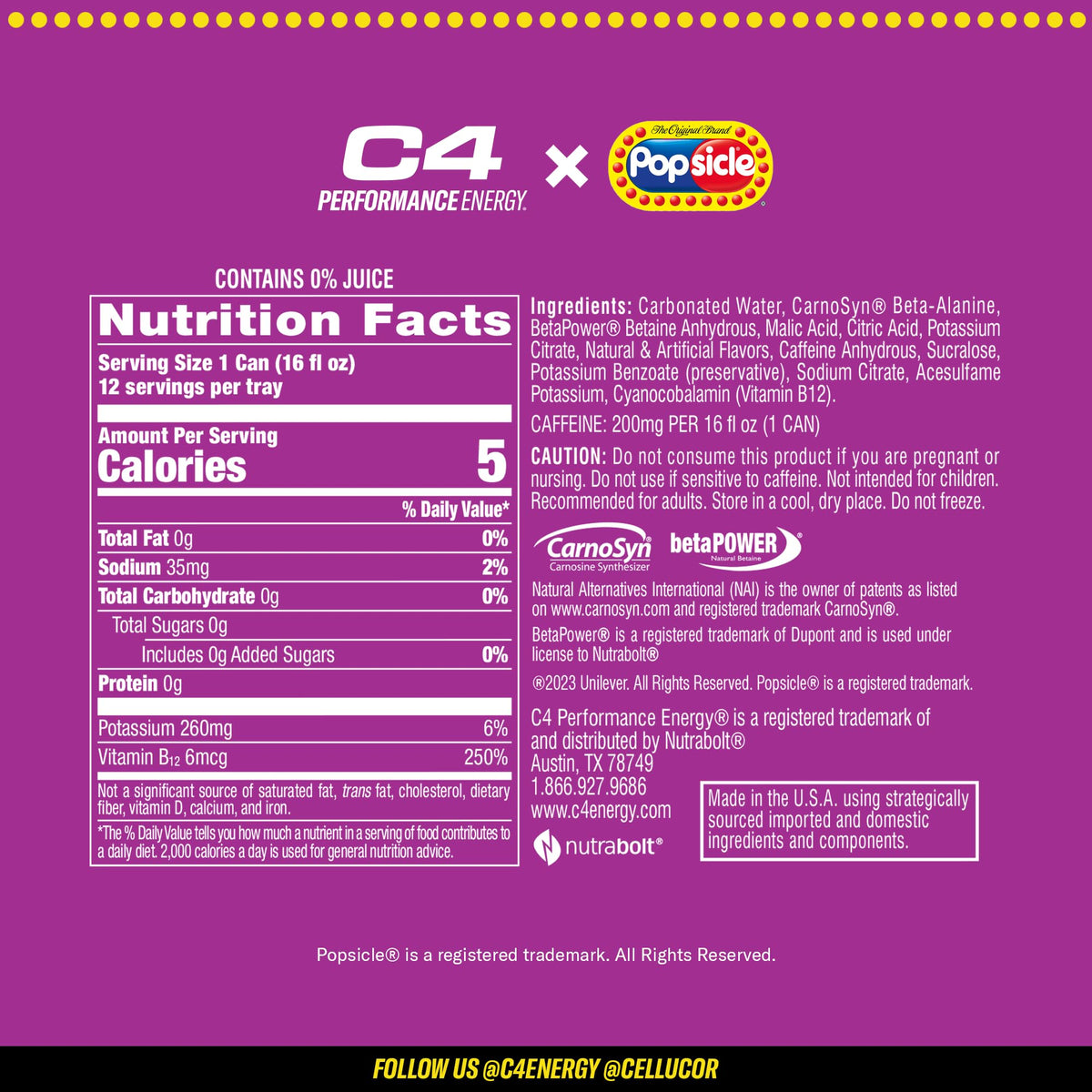 C4 Energy Drink x Popsicle Variety Pack – Sugar-Free, 16 oz Cans, 12-Pack, 3 Flavors