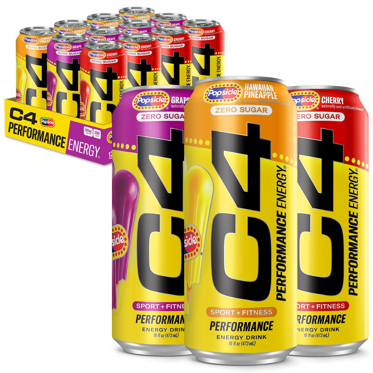 C4 Energy Drink x Popsicle Variety Pack – Sugar-Free, 16 oz Cans, 12-Pack, 3 Flavors
