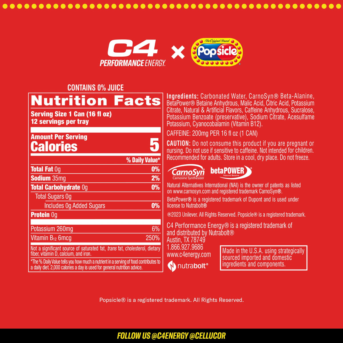 C4 Energy Drink x Popsicle Variety Pack – Sugar-Free, 16 oz Cans, 12-Pack, 3 Flavors