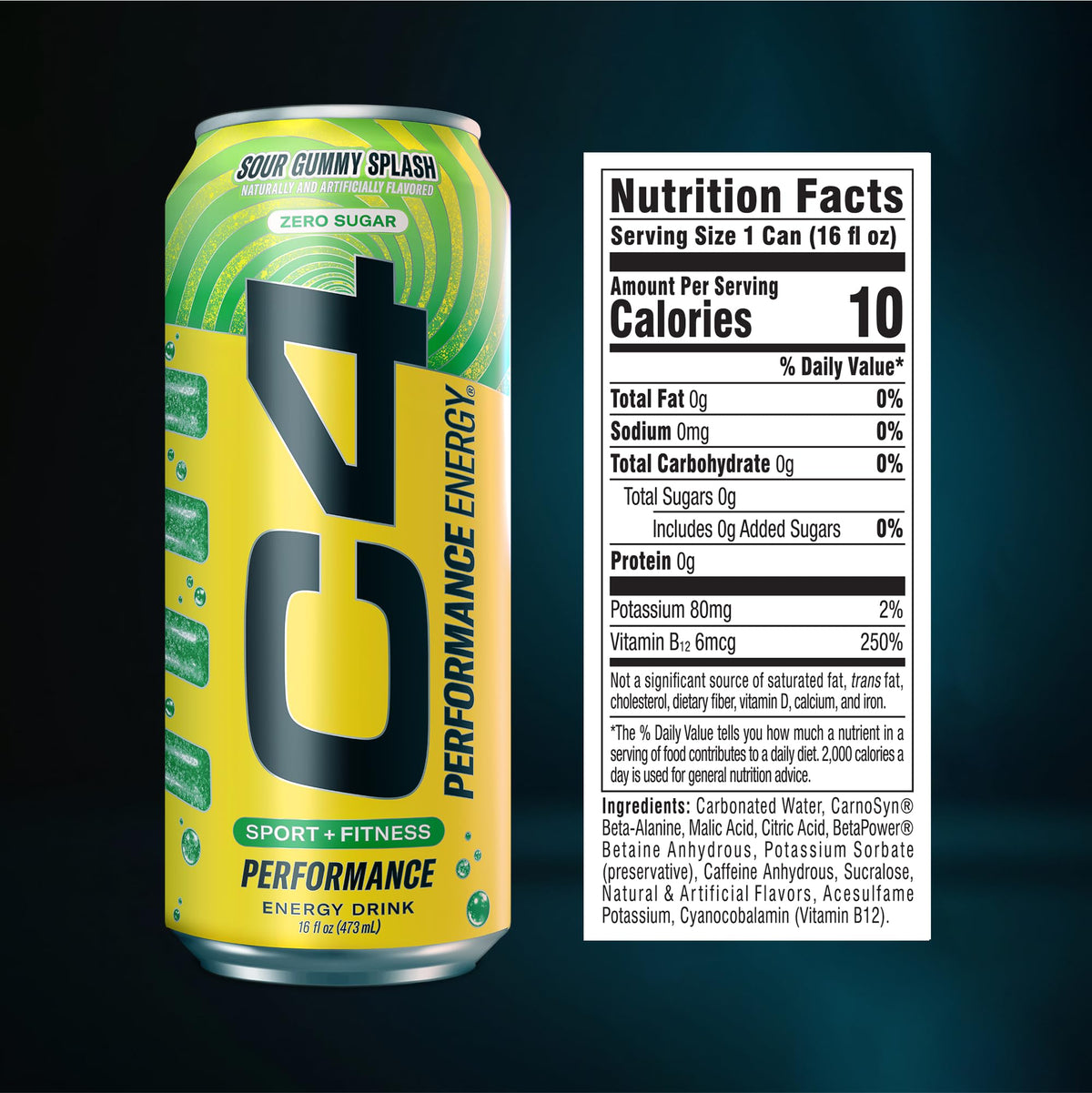 C4 Energy Carbonated Zero Sugar Sour Gummy Splash – 16oz Can (Pack of 12) | Pre-Workout with Beta-Alanine