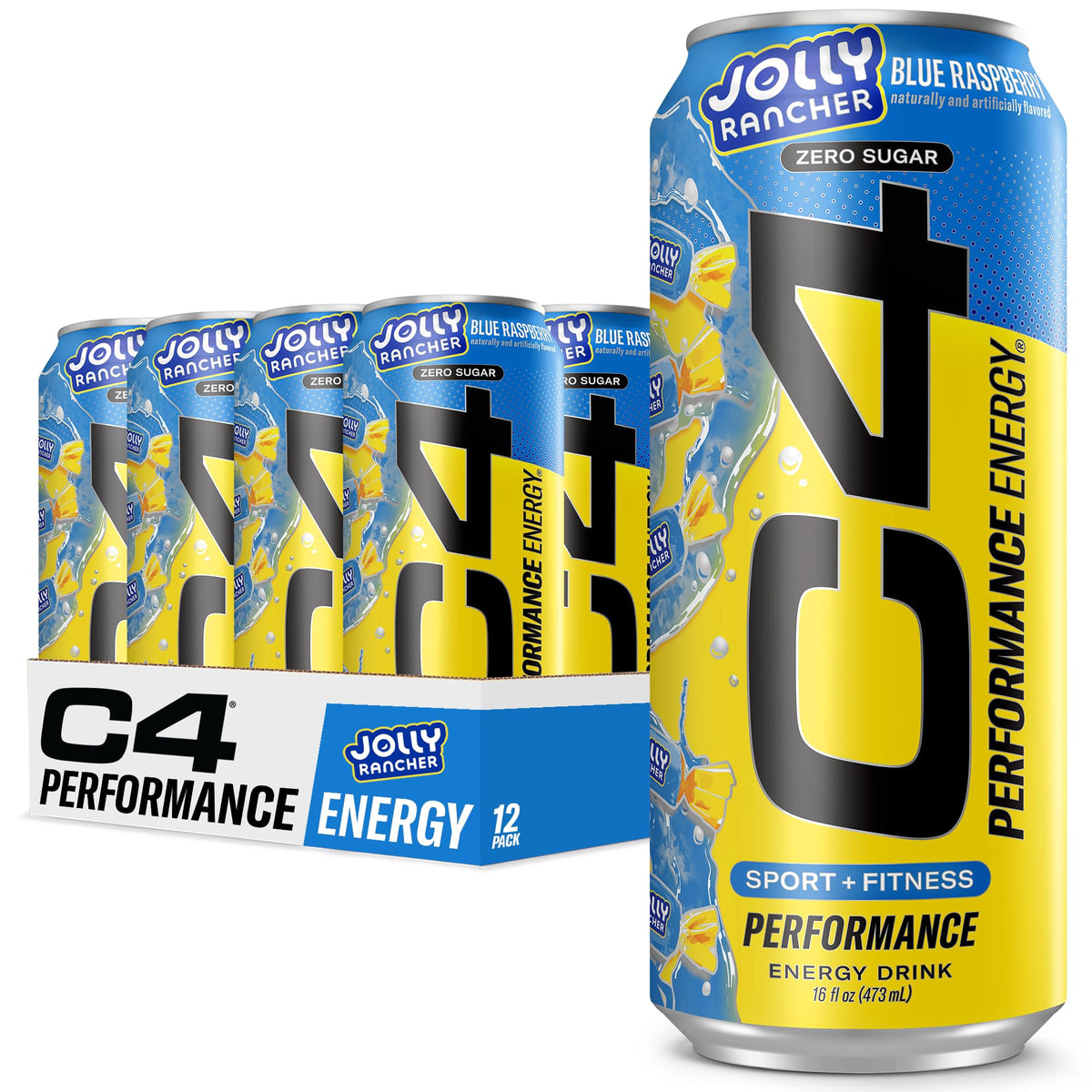 C4 Performance Energy Drink x JOLLY RANCHER Blue Raspberry – Zero Sugar, 200mg Caffeine, 16 oz (12 Pack)