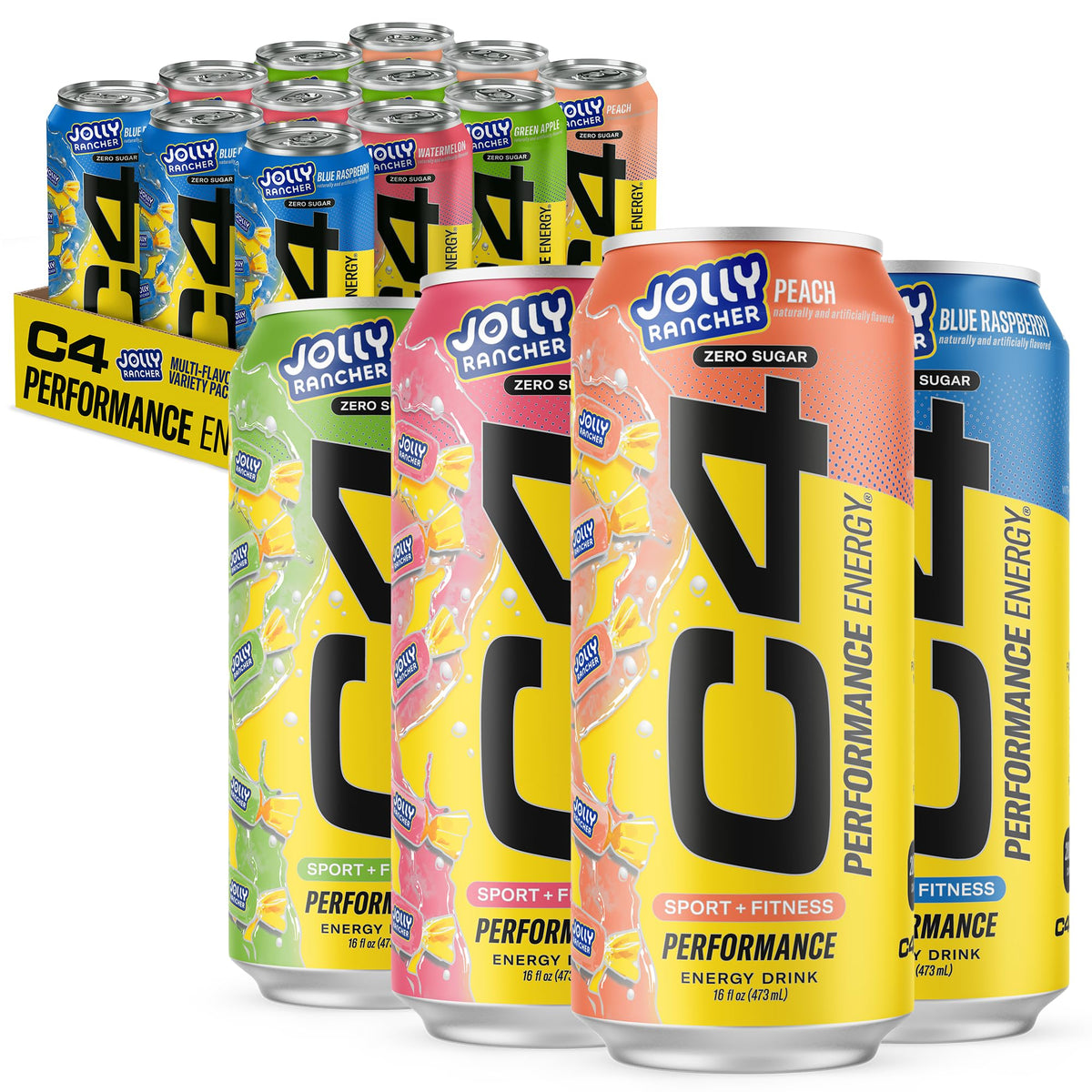 C4 Performance Energy Drink Jolly Rancher Variety Pack — Zero Sugar, 200mg Caffeine