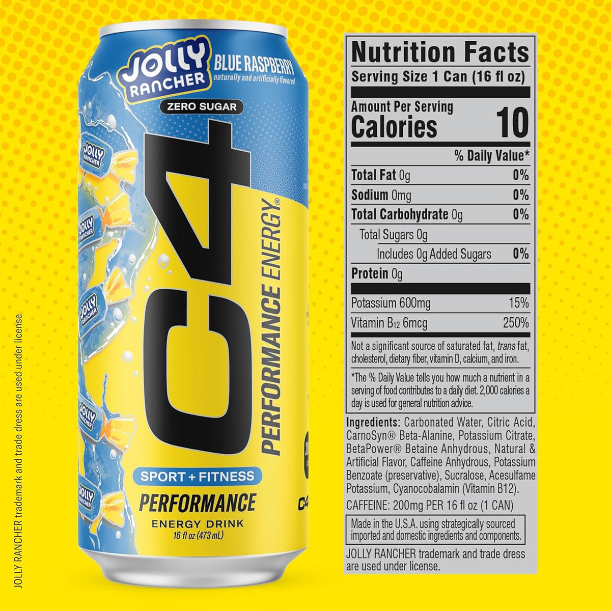 C4 Performance Energy Drink x JOLLY RANCHER Blue Raspberry – Zero Sugar, 200mg Caffeine, 16 oz (12 Pack)