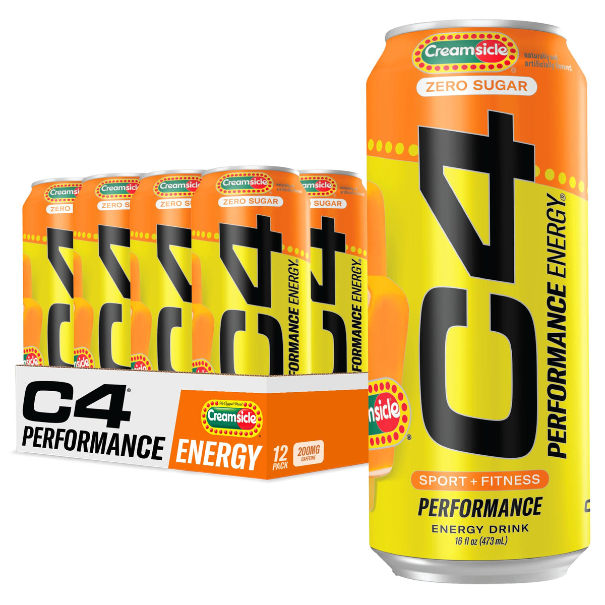 C4 Performance Energy Drink Orange Creamsicle — Zero Sugar Preworkout, 200mg Caffeine, 16 oz (12 Pack)