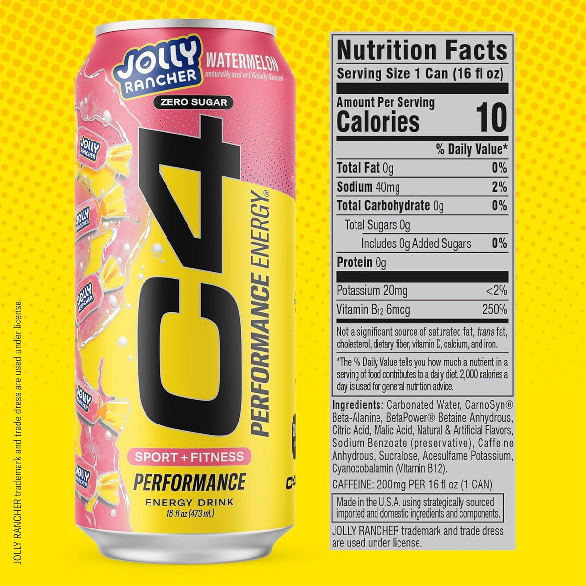 C4 Performance Energy Drink X Jolly Rancher Watermelon – Zero Sugar, 200mg Caffeine (16 oz, 12 Pack)