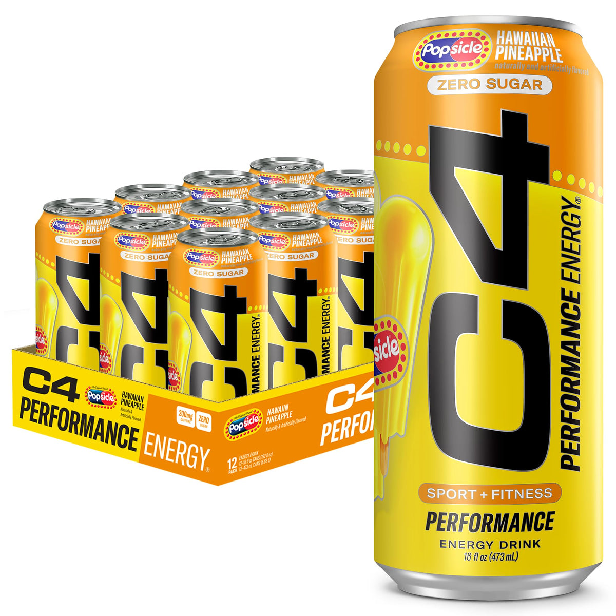 C4 Performance Energy Drink – Hawaiian Pineapple Popsicle, Zero Sugar, 200mg Caffeine, 16 fl oz, 12 Pack