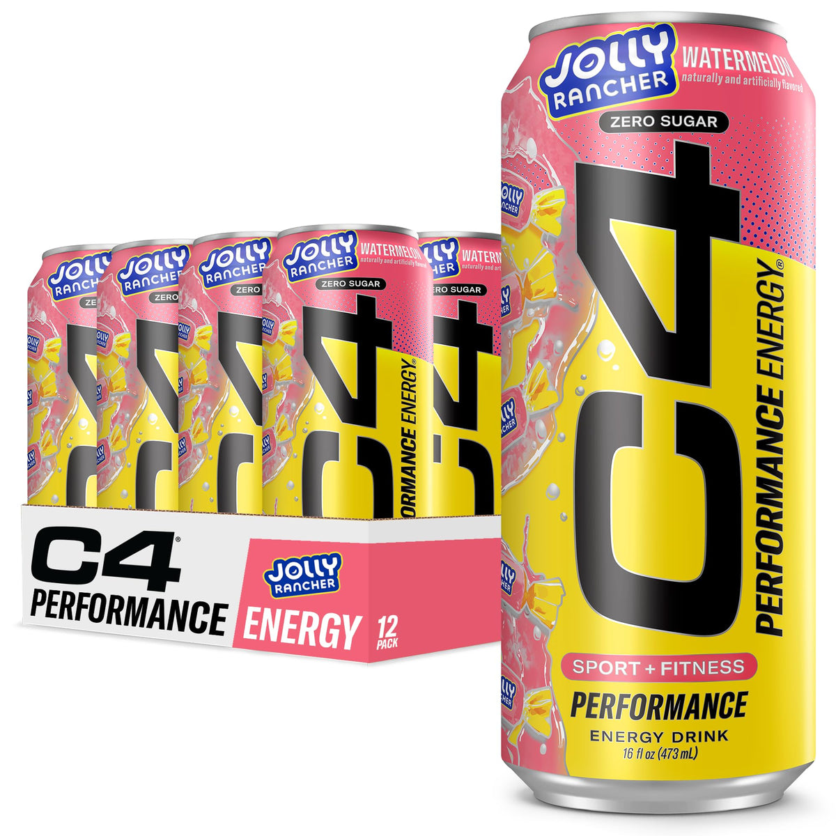 C4 Performance Energy Drink X Jolly Rancher Watermelon – Zero Sugar, 200mg Caffeine (16 oz, 12 Pack)