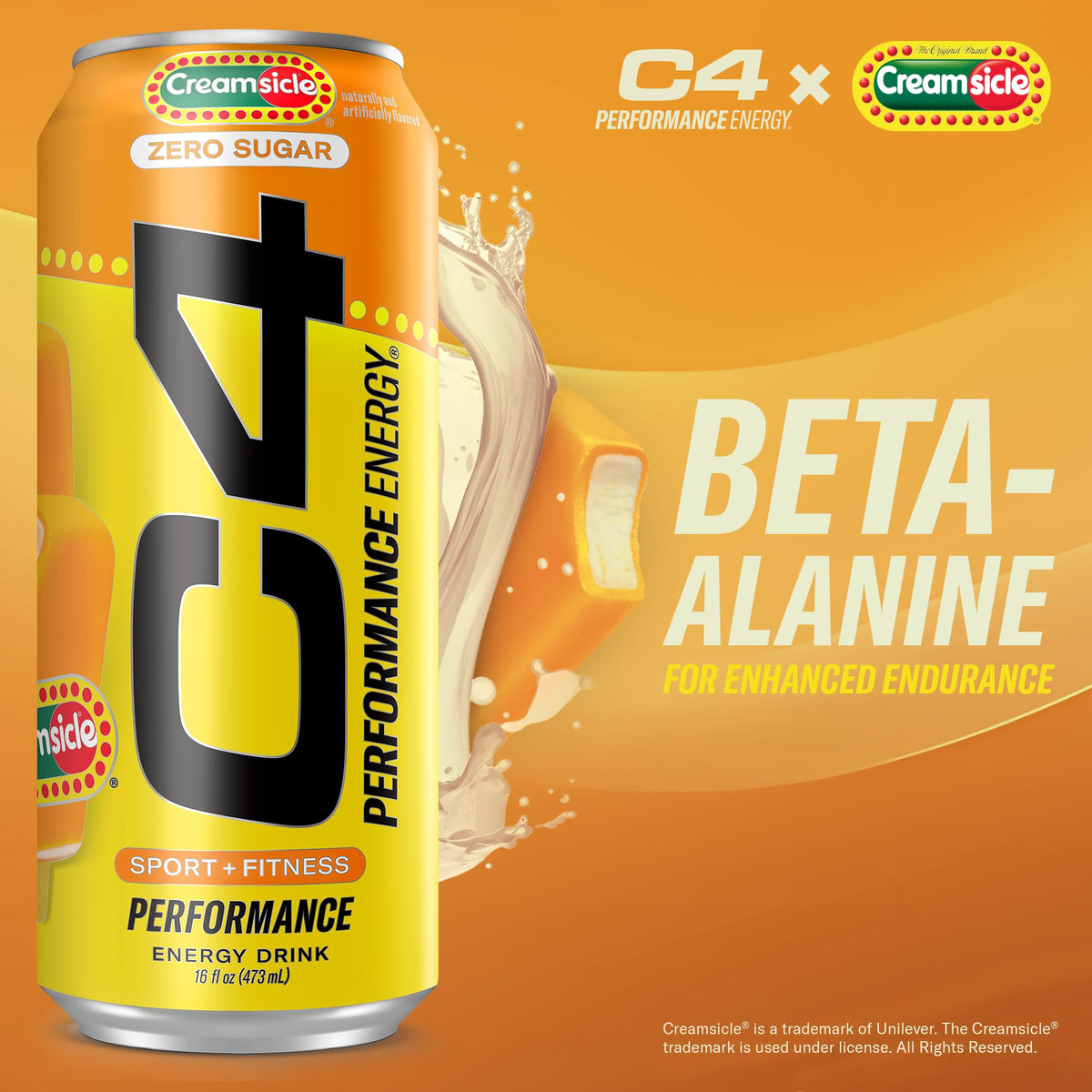 C4 Performance Energy Drink Orange Creamsicle — Zero Sugar Preworkout, 200mg Caffeine, 16 oz (12 Pack)