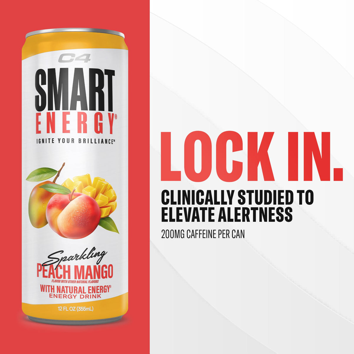C4 Smart Energy Drink Peach Mango – Zero Sugar, 200 mg Caffeine, Natural Energy & Cognizin – 12 Pack
