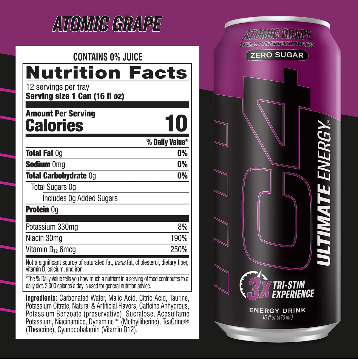 C4 Ultimate Zero Sugar Energy Drink – Tri-Stim 300mg Caffeine with TeaCrine & Dynamine | Atomic Grape, 16oz Pack of 12