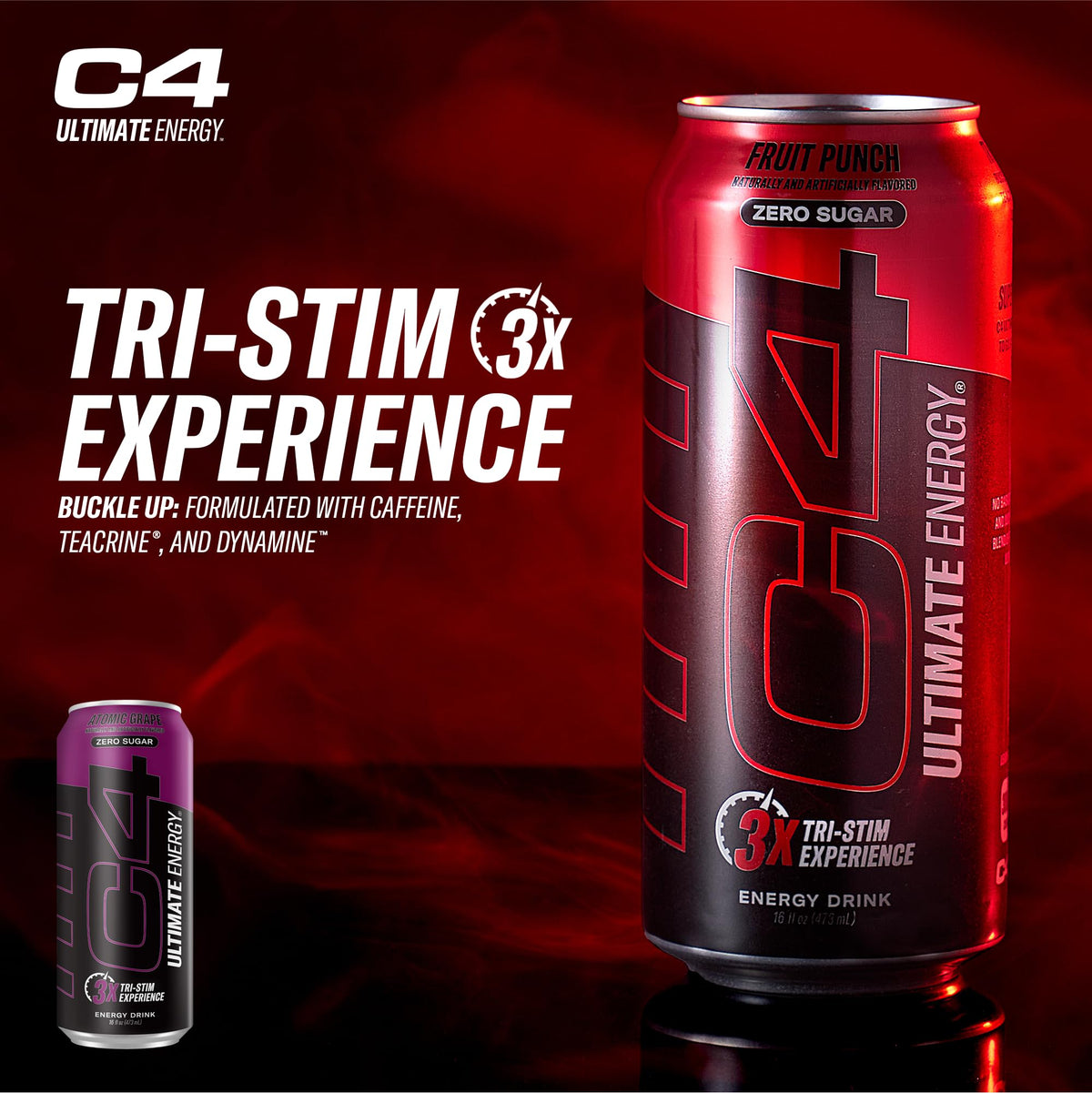 C4 Ultimate Zero Sugar Energy Drink – Tri-Stim 300mg Caffeine with TeaCrine & Dynamine | Atomic Grape, 16oz Pack of 12