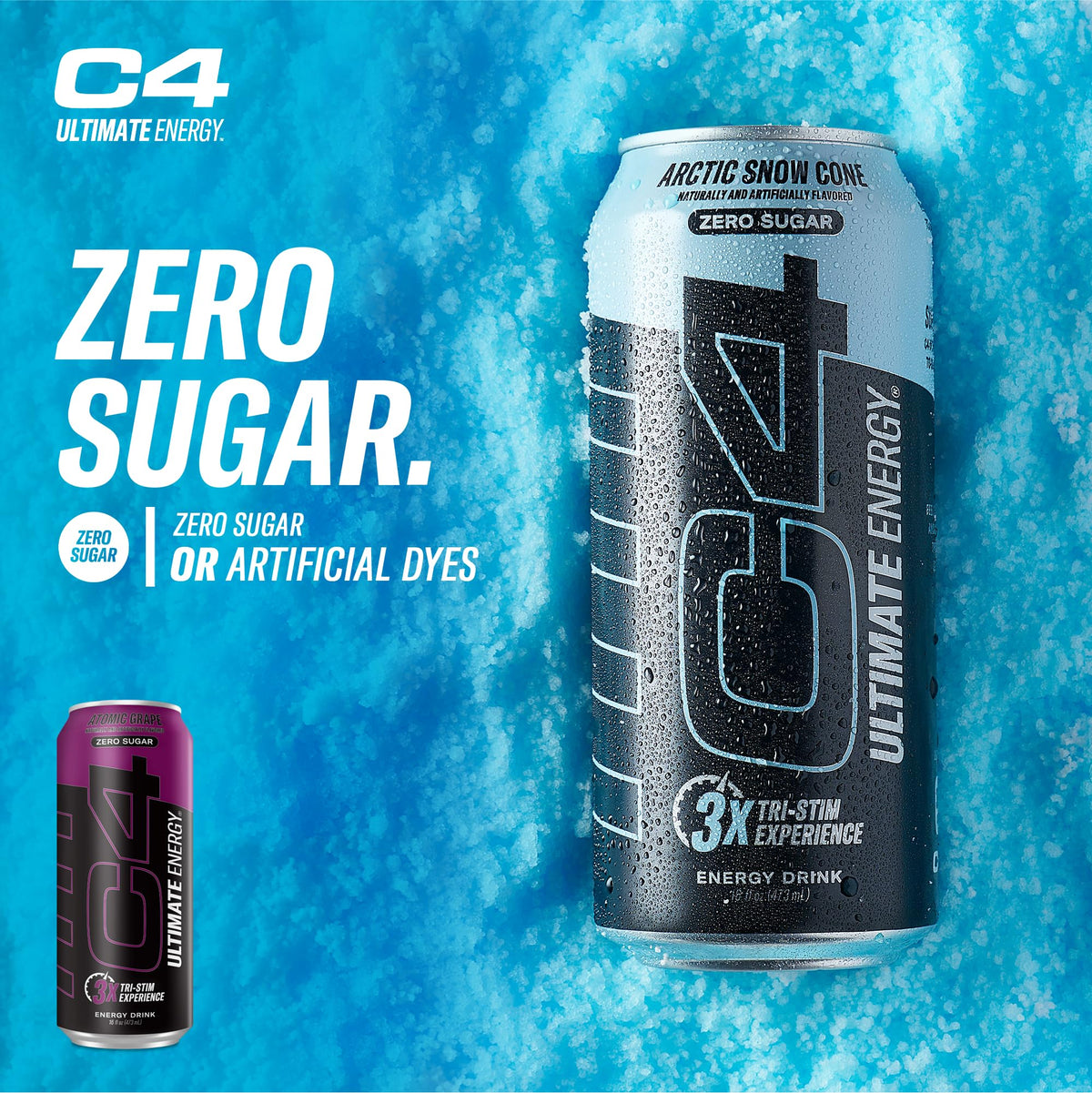 C4 Ultimate Zero Sugar Energy Drink – Tri-Stim 300mg Caffeine with TeaCrine & Dynamine | Atomic Grape, 16oz Pack of 12