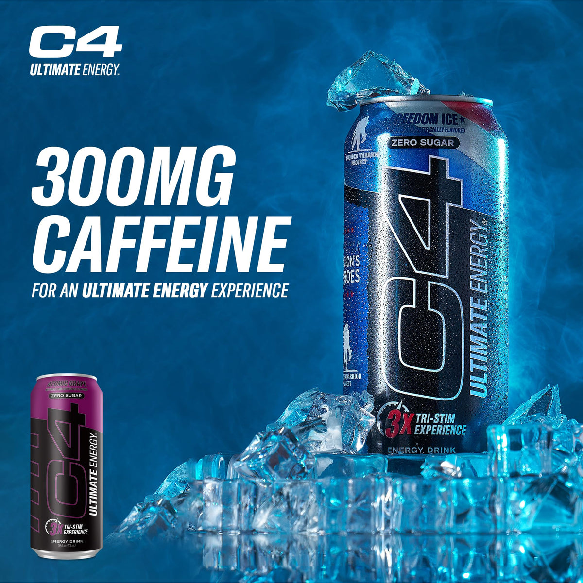 C4 Ultimate Zero Sugar Energy Drink – Tri-Stim 300mg Caffeine with TeaCrine & Dynamine | Atomic Grape, 16oz Pack of 12