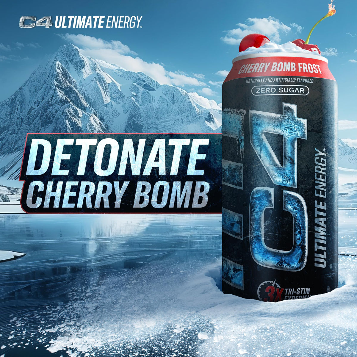C4 Ultimate Frost Zero Sugar Energy Drink – Cherry Bomb Frost, 16oz (Pack of 12)