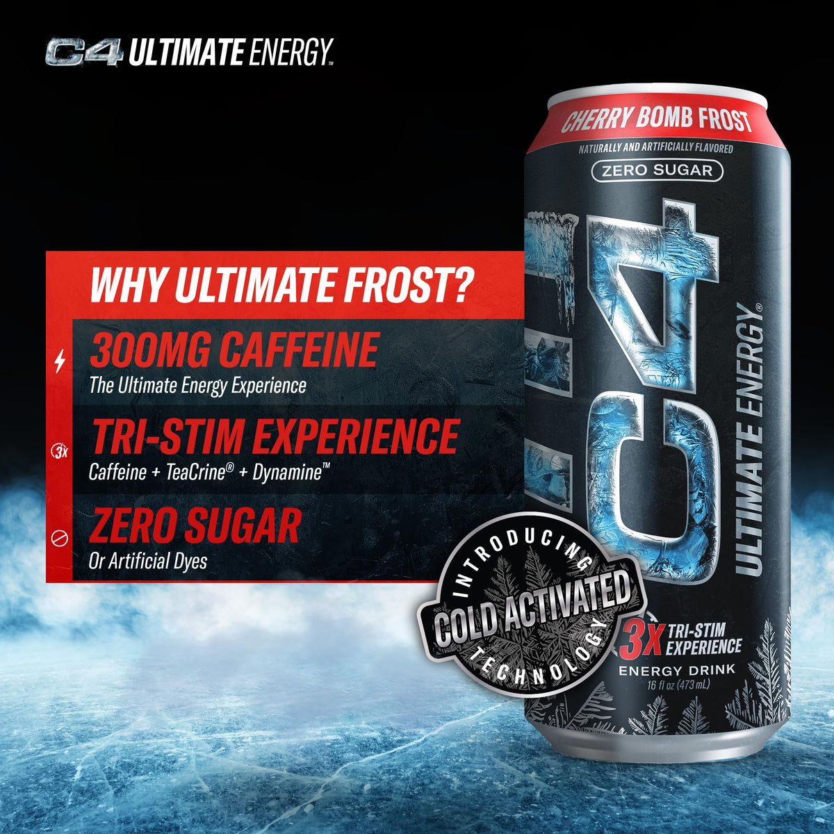 C4 Ultimate Frost Zero Sugar Energy Drink – Cherry Bomb Frost, 16oz (Pack of 12)