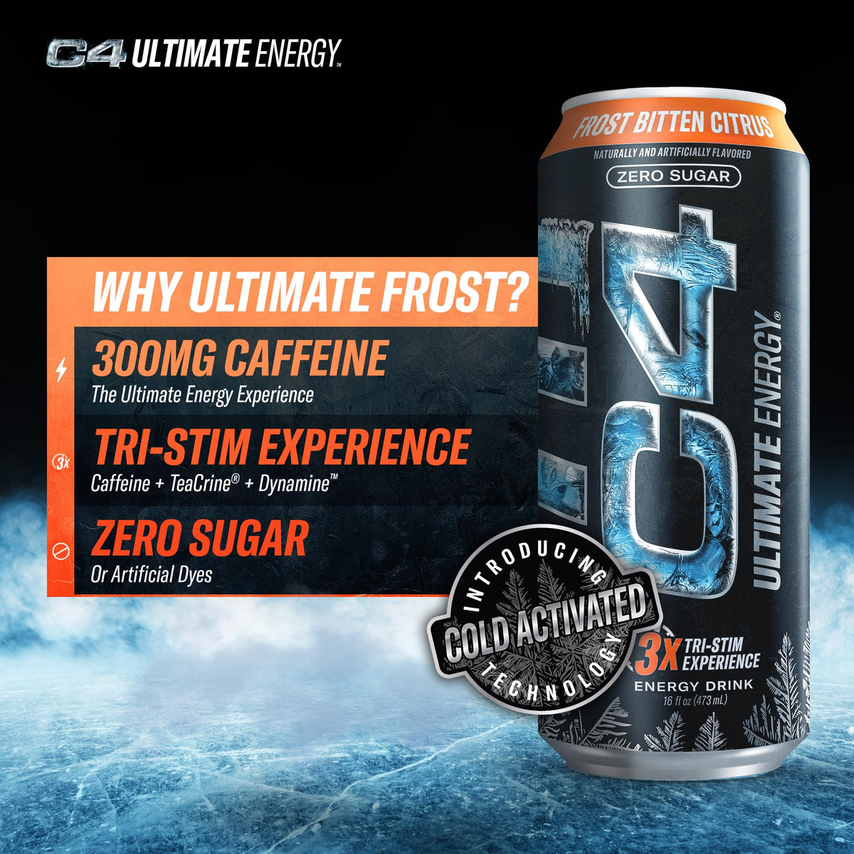 C4 Ultimate Frost Zero Sugar Energy Drink – Frost Bitten Citrus, 16oz, Pack of 12