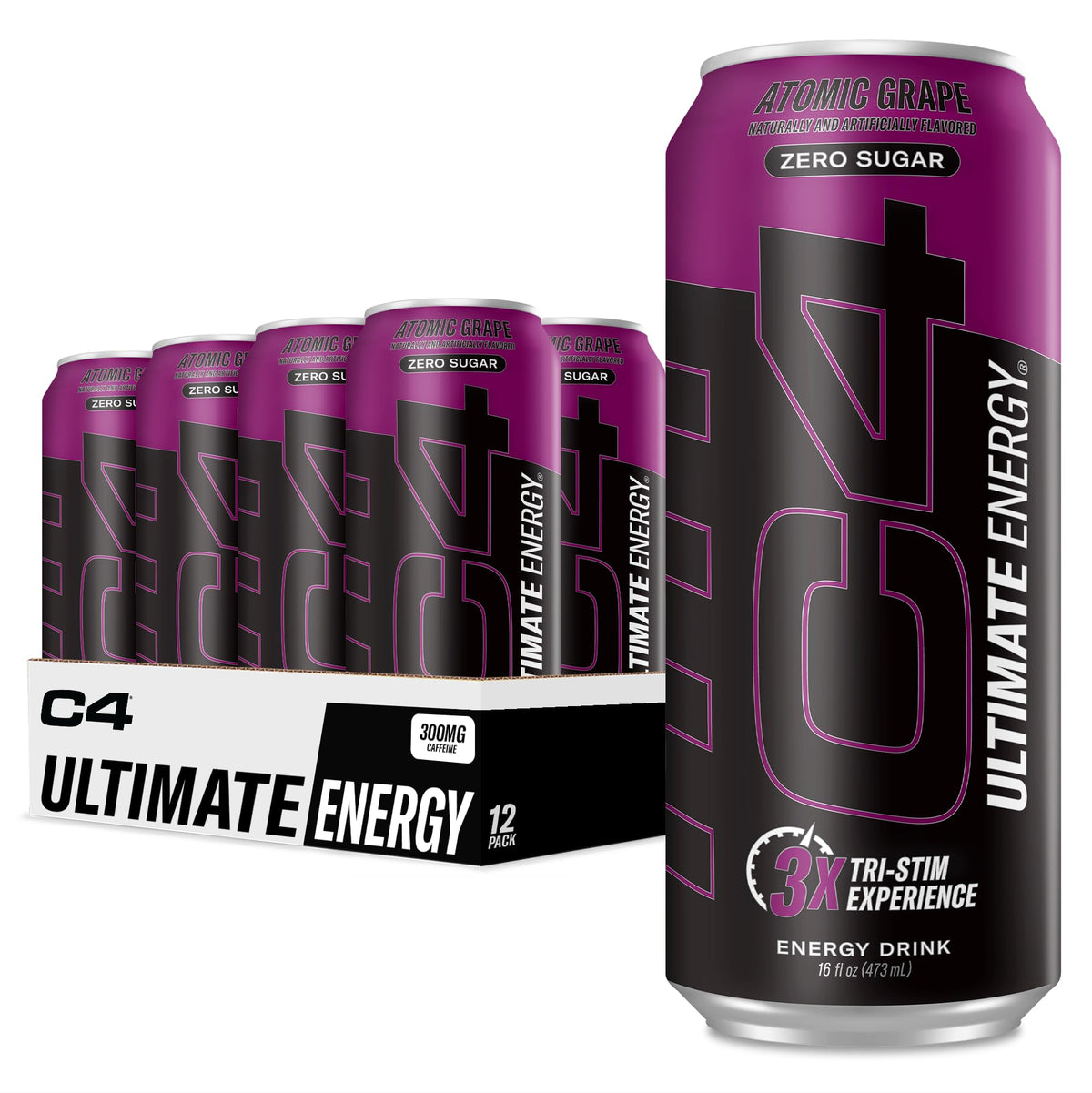 C4 Ultimate Zero Sugar Energy Drink – Tri-Stim 300mg Caffeine with TeaCrine & Dynamine | Atomic Grape, 16oz Pack of 12