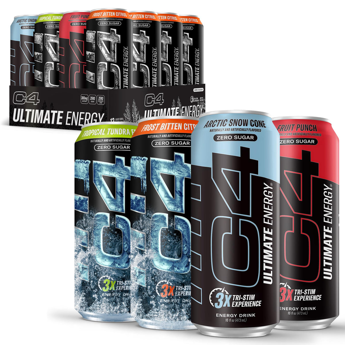 C4 Ultimate Zero Sugar Energy Drink Variety Pack – Tri‑Stim with 300mg Caffeine, TeaCrine & Dynamine (12 x 16oz)