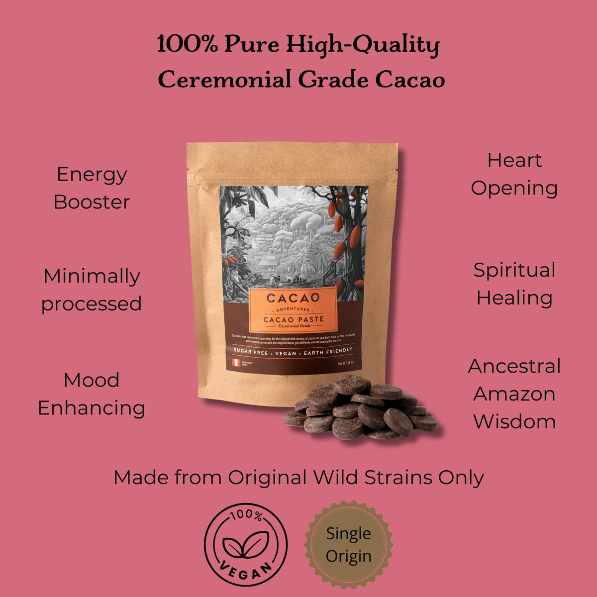 Cacao Adventures Ceremonial Grade Cacao – 100% Pure, Dairy Free & Vegan (8 oz)