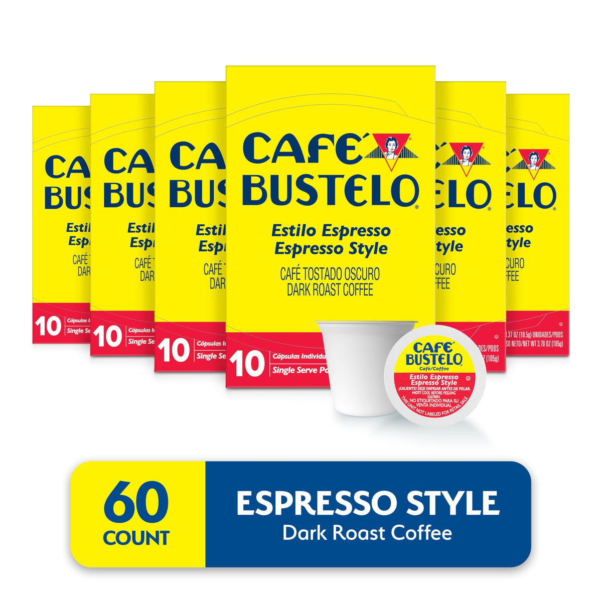 Cafe Bustelo Espresso Style Dark Roast Coffee Pods - 60 Count Pack (6 Boxes) - Keurig Compatible