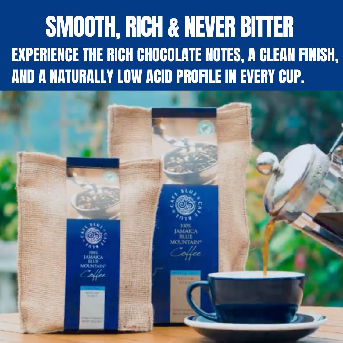 Cafe Blue 100% Jamaican Blue Mountain Ground Coffee – JACRA-Certified Medium Roast, Low Acidity, Smooth Chocolate Notes, 16oz