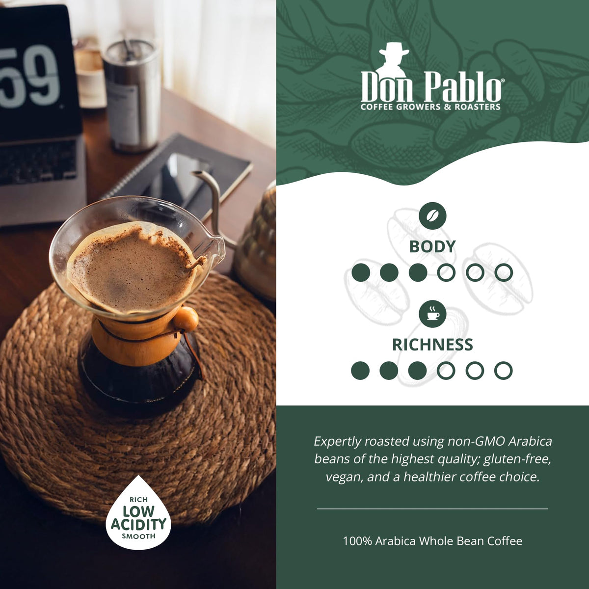Don Pablo Colombian Decaf – Swiss Water Process, 100% Arabica Whole Bean, Medium-Dark Roast, 907g