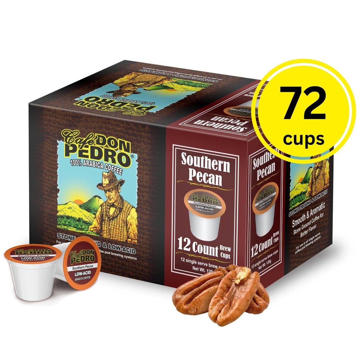 Cafe Don Pedro Southern Pecan Low Acid Coffee Pods – 100% Arabica, Keurig Compatible, 72 Count
