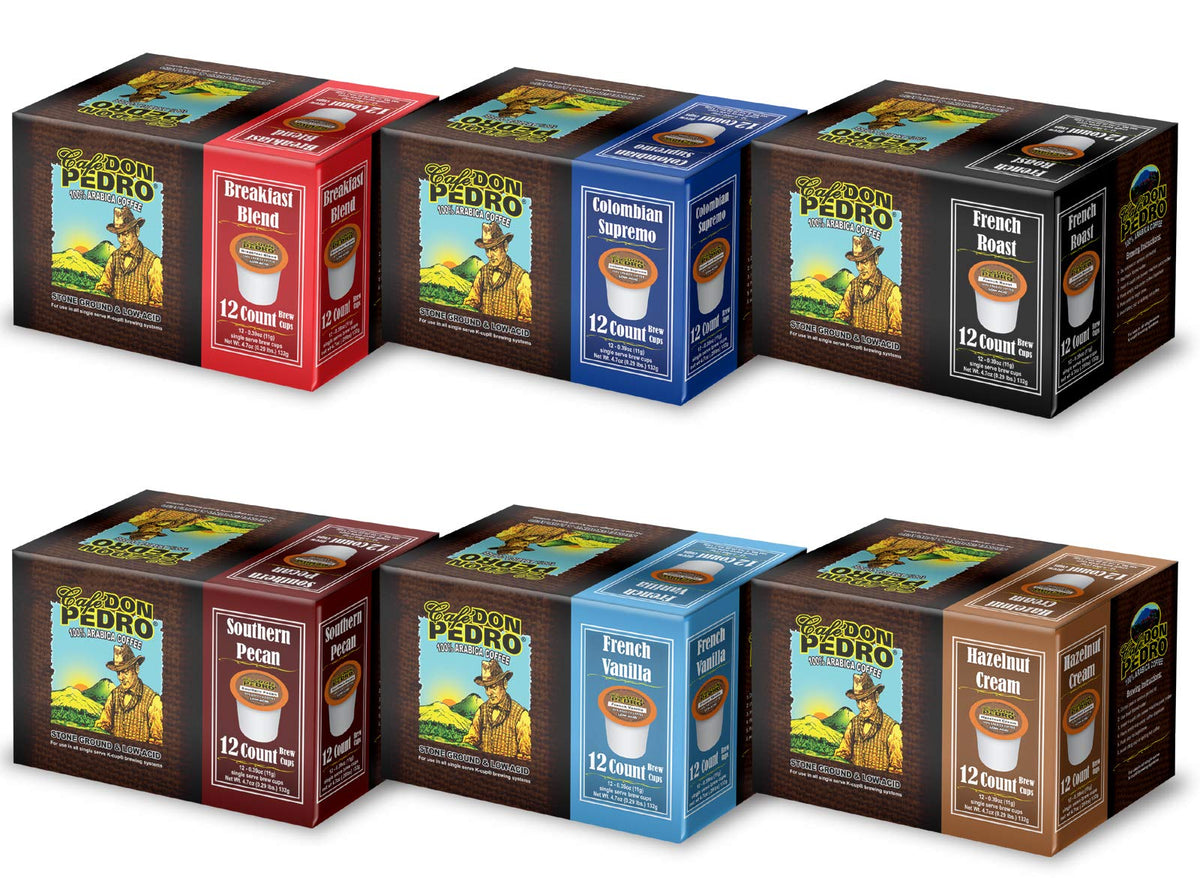 Cafe Don Pedro Low Acid Arabica Variety Pack – 72 Keurig K-Cups, 6 Flavors
