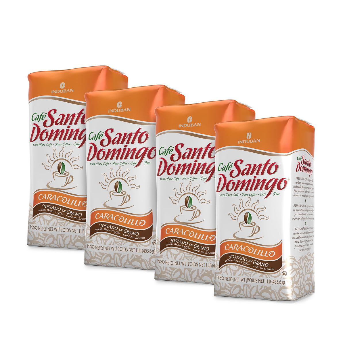 Cafe Santo Domingo INDUBAN Caracolillo Peaberry Coffee - 16 oz Whole Bean Pack of 4