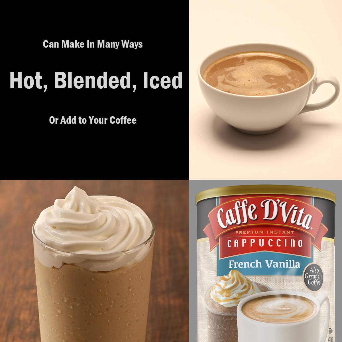Caffe D'Vita French Vanilla Cappuccino Mix – Instant Sugar-Free Cappuccino, Gluten Free, 99% Caffeine Free, 3 lb Can