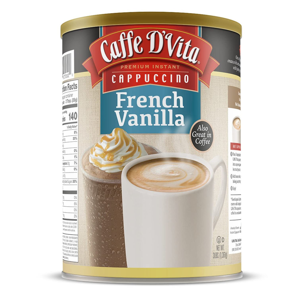 Caffe D'Vita French Vanilla Cappuccino Mix – Instant Sugar-Free Cappuccino, Gluten Free, 99% Caffeine Free, 3 lb Can