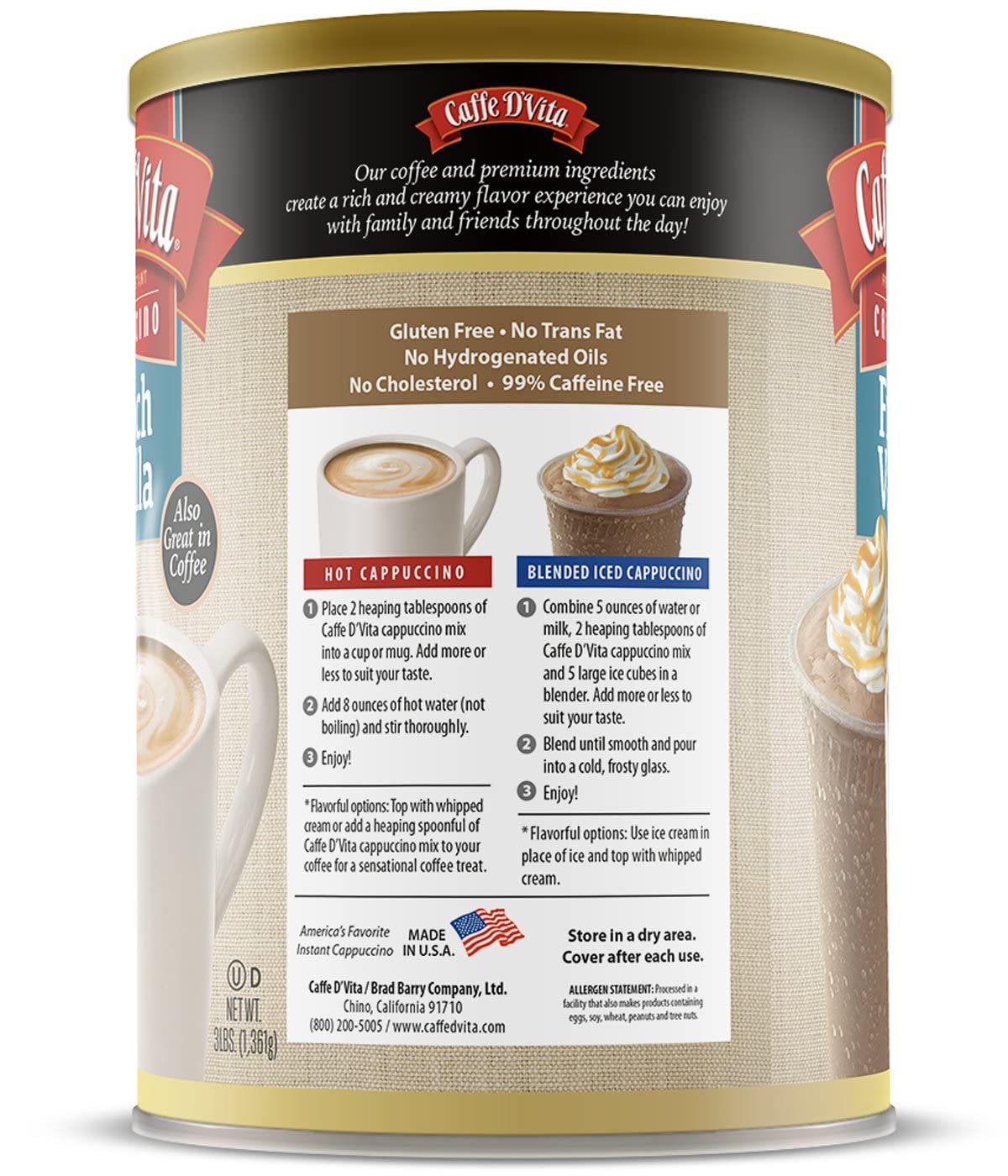 Caffe D'Vita French Vanilla Cappuccino Mix – Instant Sugar-Free Cappuccino, Gluten Free, 99% Caffeine Free, 3 lb Can