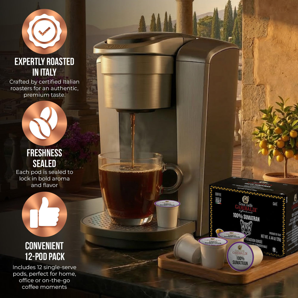 Caffè Garibaldi Sumatra Coffee Pods – 72-Count Keurig Dark Roast