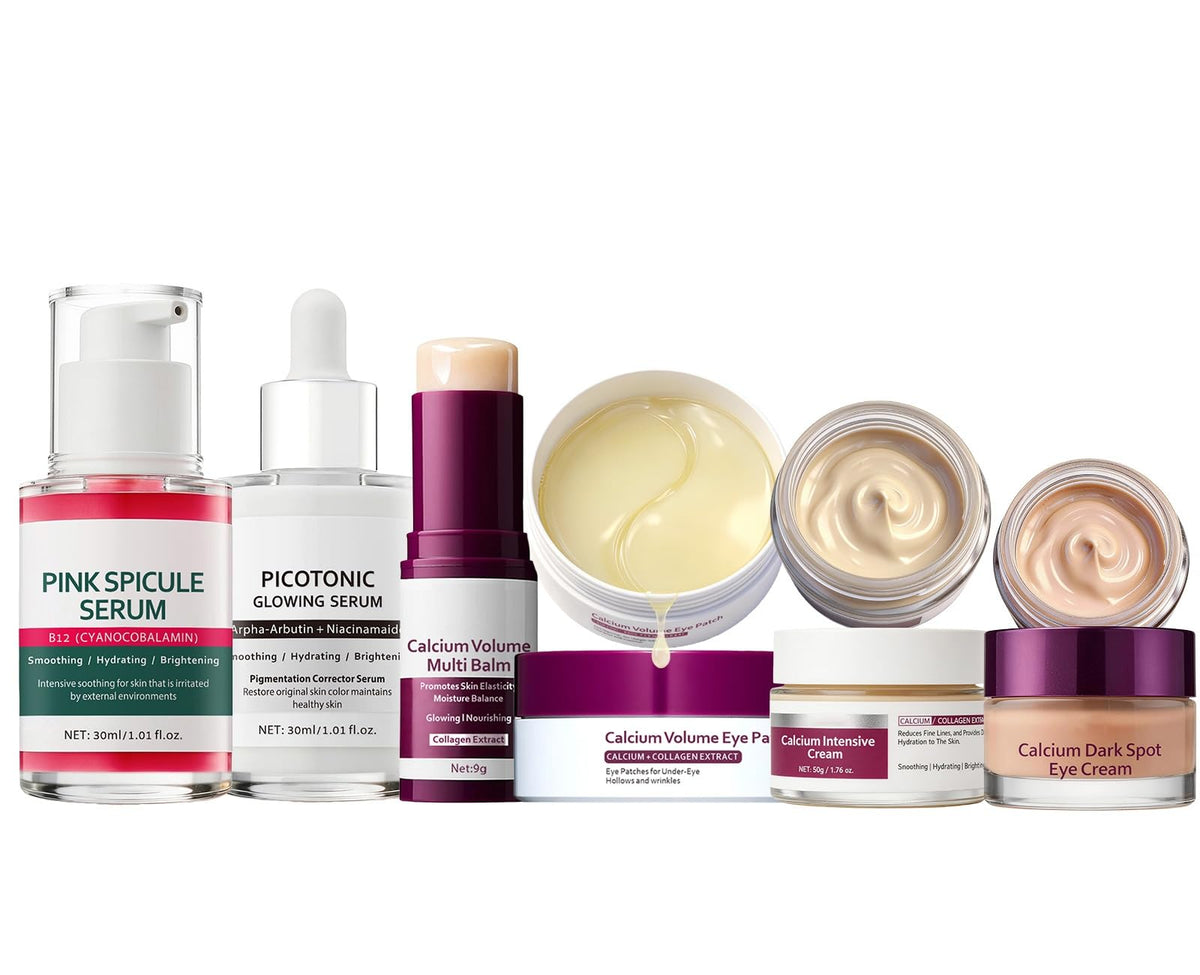 Calcium Daily Skincare Bundle with Calcium Volume Multi Balm Stick, Cream, Serum & Eye Patches for Hydrating, Firming,Smoothing,Collagen Boost & Pore Skin Care,Gift & Travel Essentials for Women Girl