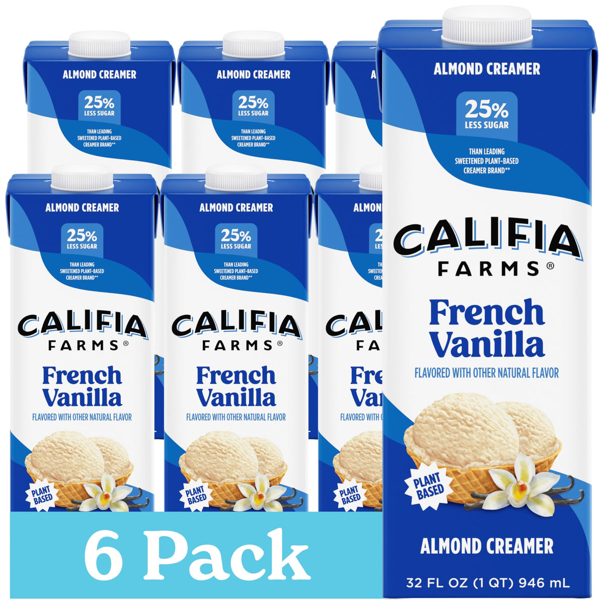 Califia Farms French Vanilla Almond Milk Coffee Creamer – 32 oz Pack of 6, Dairy Free