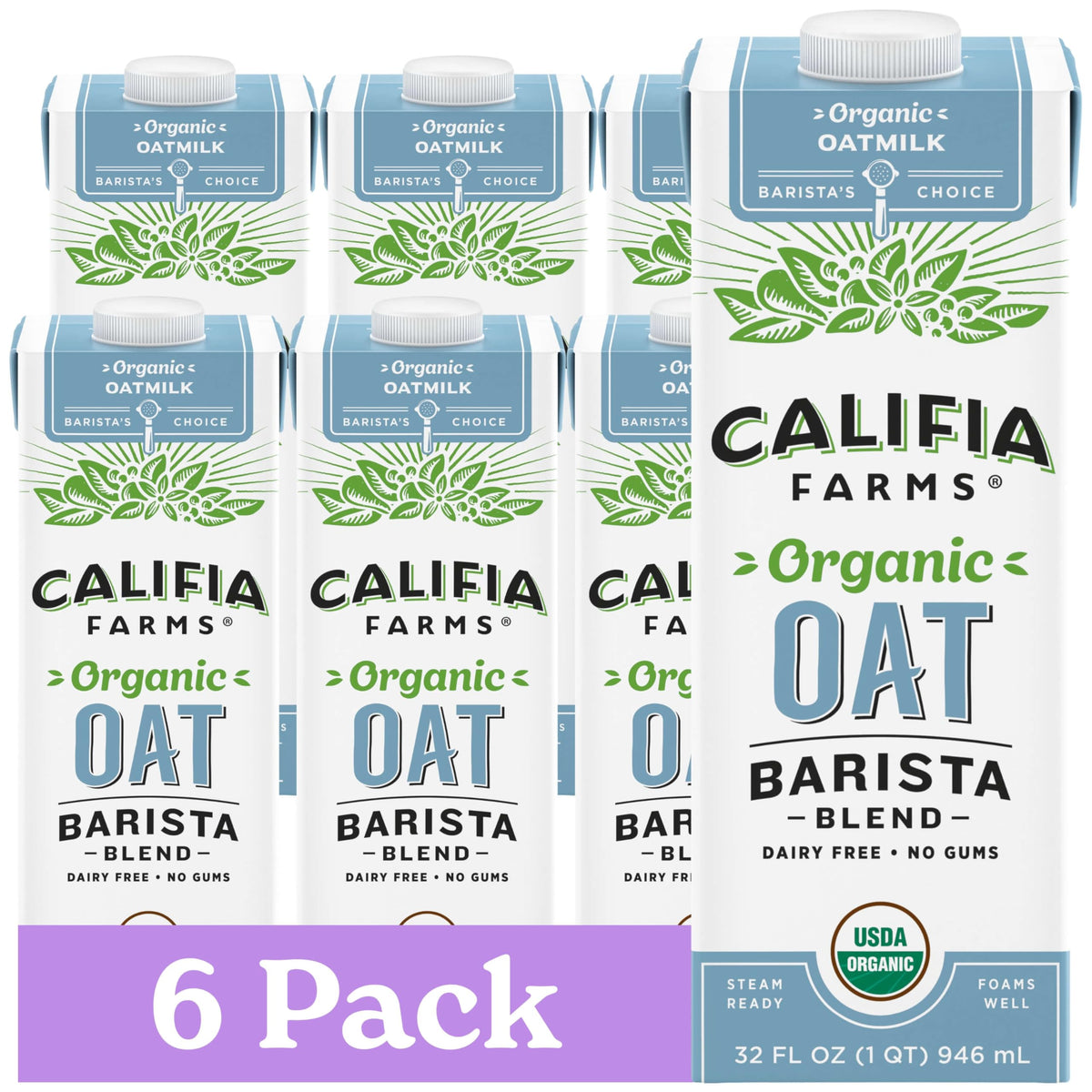 Califia Farms Organic Oat Barista Blend Milk – Dairy Free, No Sugar Added, 32 oz Pack of 6